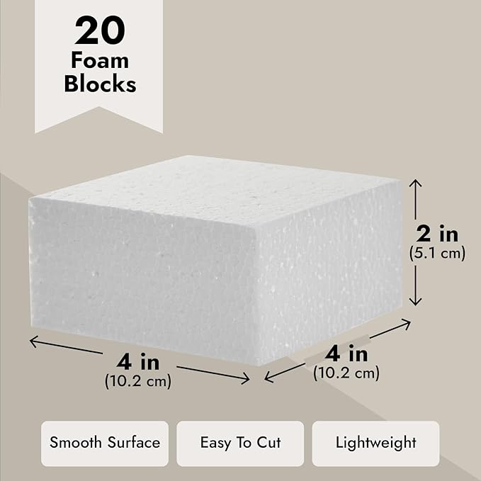 20 Pack Foam Blocks for Crafts, Polystyrene Brick Rectangles for Floral Arrangements, Art Supplies (White, 4 x 4 x 2 in)