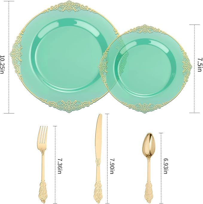 Goodluck 250 PCS Vintage Translucent Green & Gold Rim Plastic Plates with Cutlery Set - Serves 50 - Heavy Duty Elegant Disposable Dinnerware for St Patricks Day, Safari, Christmas