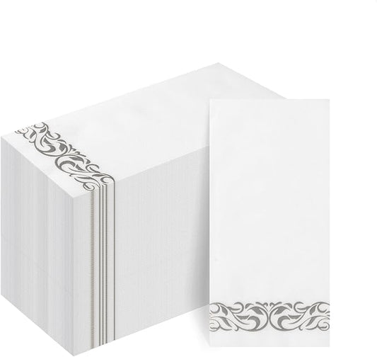 Goodluck 100-Pack Linen-Feel Disposable Guest Towels – Soft and Absorbent Paper Hand Towels for Bathroom or Kitchen – Elegant White Napkins with Silver Design for Parties, Weddings, Dinners Events
