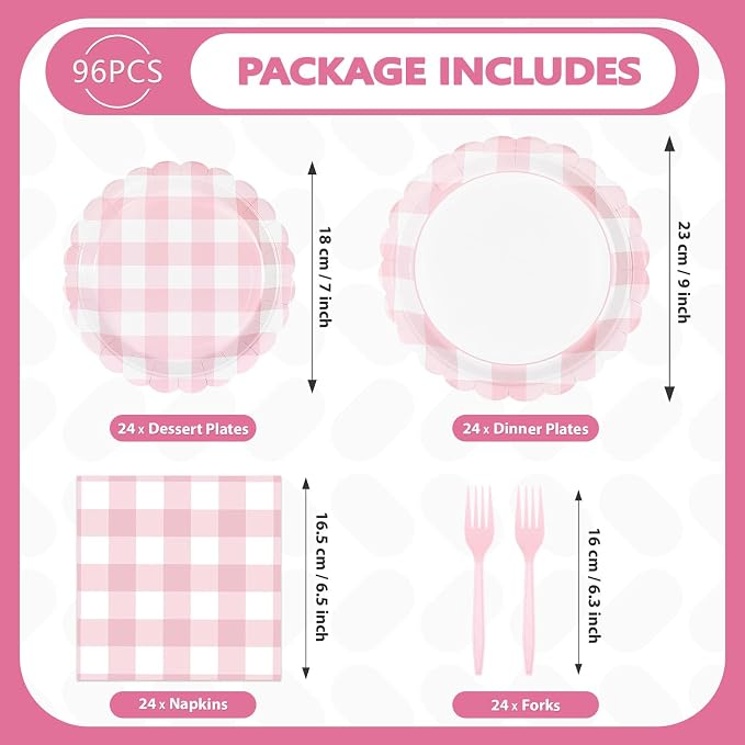 96Pcs Pink Gingham Party Decorations Light Pink & White Scalloped Checkered Plaid Plates and Napkins Tableware Sets for Girls Birthday Baby Shower BBQ Pastel Theme Dinner Party Supplies Serves 24