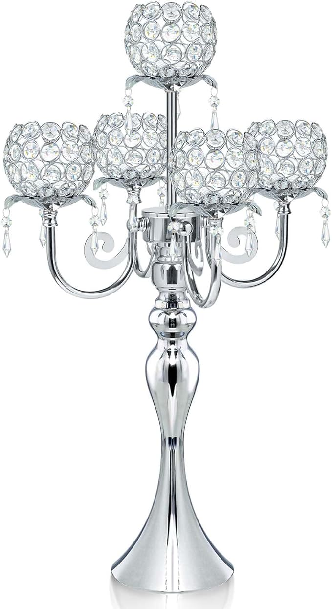 Silver 5 Arms 22.5 Inch Crystal Exquisite Candle Holder with Pendant, Elegant Table Decoration Home Decor for Restaurant Party Birthday Wedding Date