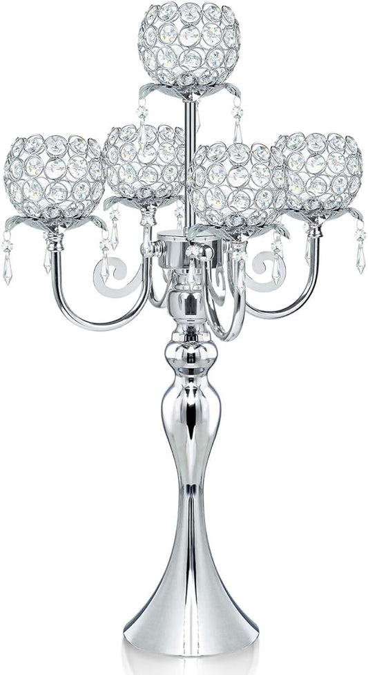 Silver 5 Arms 22.5 Inch Crystal Exquisite Candle Holder with Pendant, Elegant Table Decoration Home Decor for Restaurant Party Birthday Wedding Date