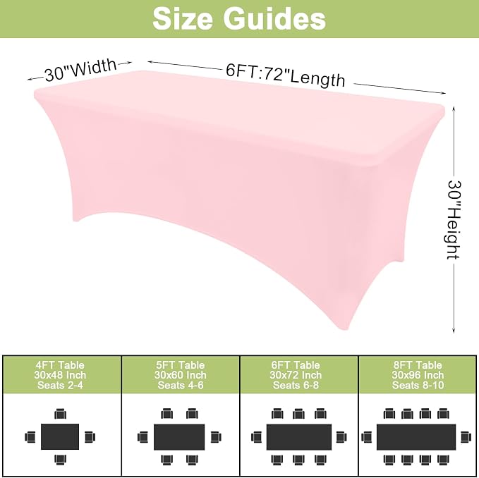 Moosfor Spandex Elastic Fitted 6FT Rectangle Tablecloth 6 Pack, Stretch Washable Reusable Table Cover for Outdoor Picnic, Dining, Wedding, Banquet & Party Events (Pink, 72Lx30Wx30H Inch)