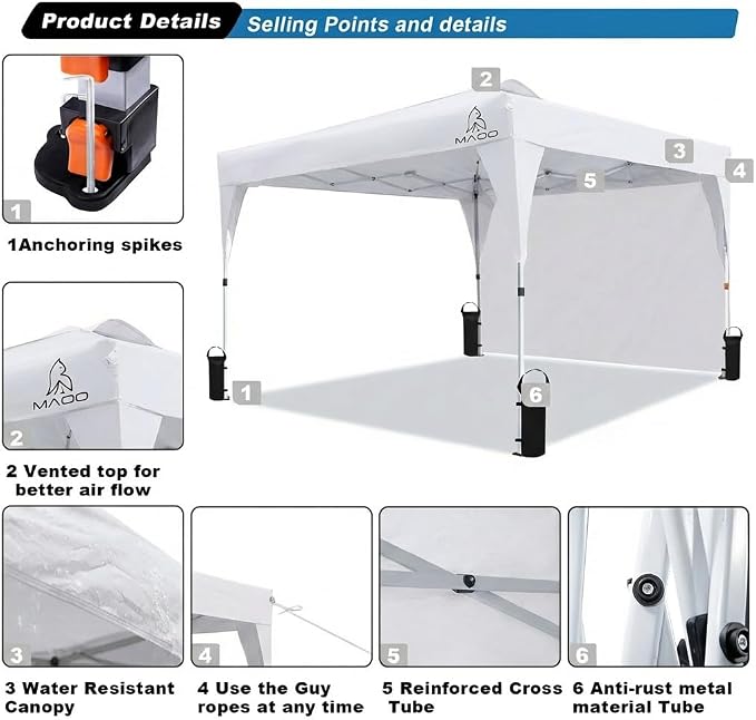 MAOO 10x10 Pop Up Canopy Tent with Sidewall, Easy Setup Instant Outdoor Canopy, 210D Silver Coated Waterproof UPF 50+ Sun Shade Shelter, Heavy Duty Steel Frame, Roller Bag,Khaki (White)