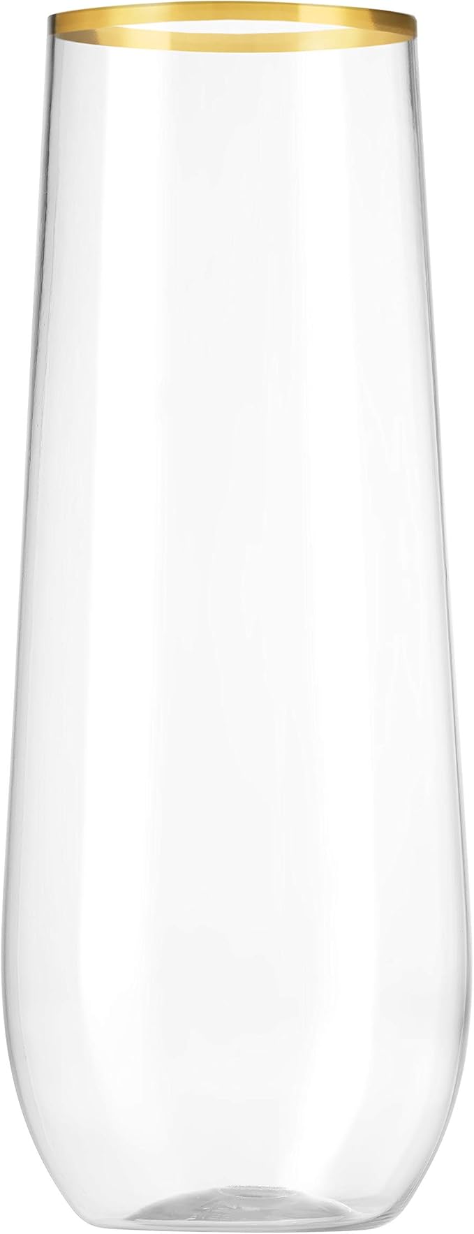 Munfix 48 Pack Stemless Plastic Champagne Flutes Disposable 9 Oz Gold Rim Clear Plastic Toasting Glasses Shatterproof Recyclable and BPA-Free