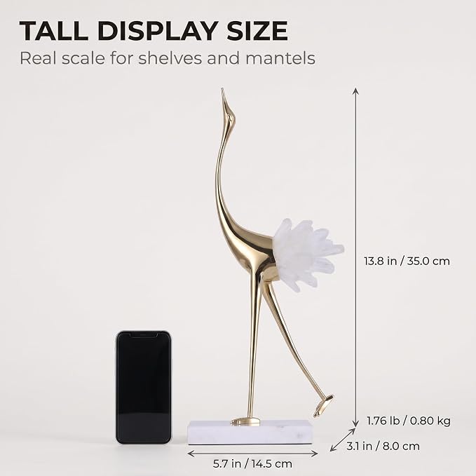 suruim Elegant Gold Crane Bird Statues with Crystal Tail Accents, Decorative Brass Figurines for Home Decor (White A)