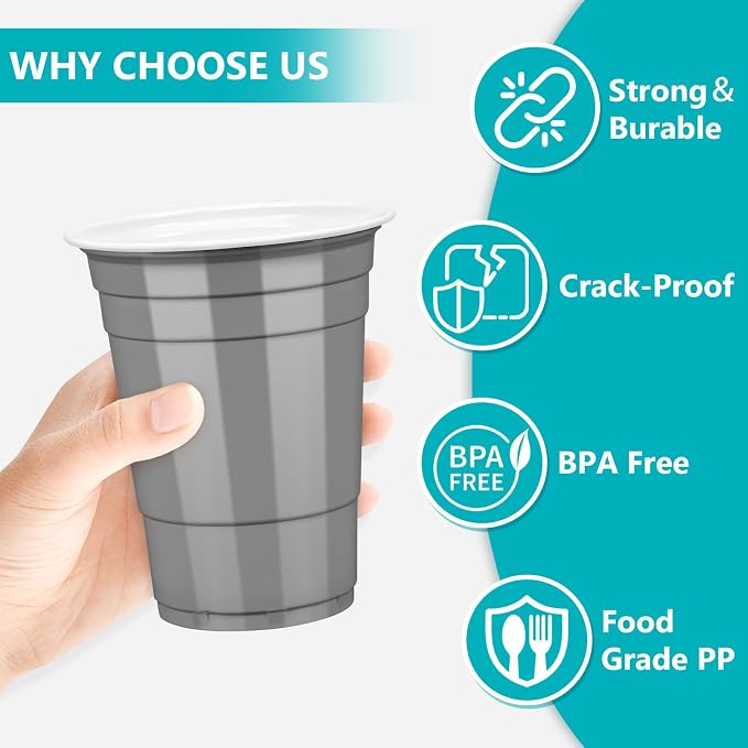 LANLISA 100 Gray Plastic Cups, 16 oz Disposable Cups, Drinking Cups For Party Supplies