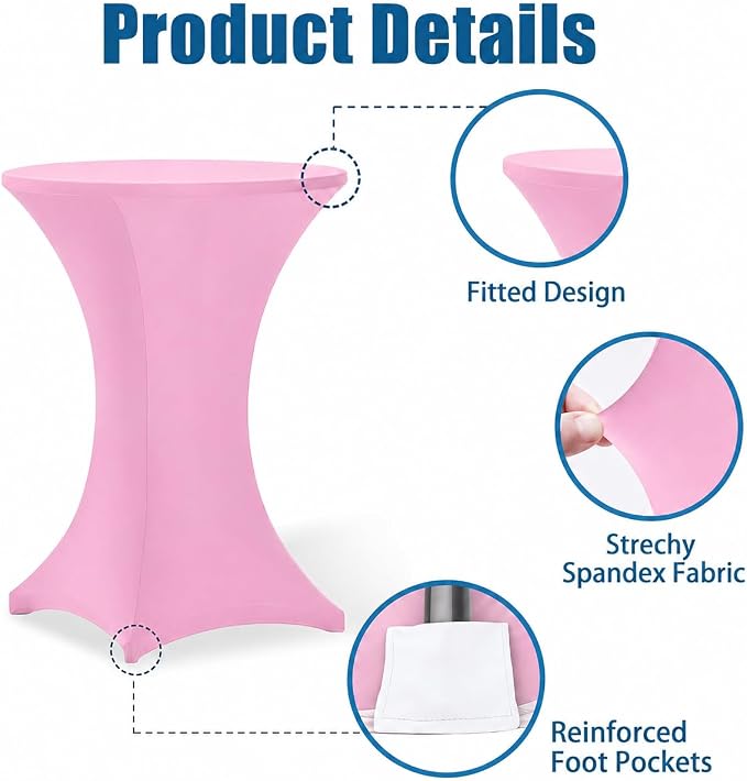 Cocktail Table Covers - 2 Pack 32x43 Inch Table Cloth - Pink Fitted Stretch Spandex Round High Top Tablecloth for Party, Bar, Birthday, Pub, Banquet