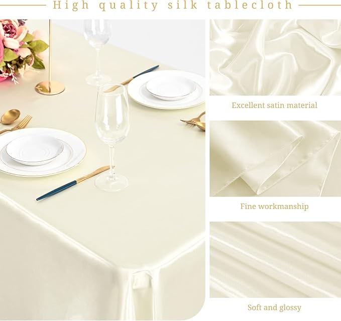 12 Pack Ivory Satin Tablecloth, 57 x 108 Inch Silky Satin Table Cloth, Rectangle Bright Silk Tablecloth Smooth Fabric Table Covers Overlay Silky Tables Decoration for Wedding Party Banquet Birthday