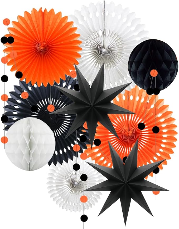 Orange White Black Halloween Decorations, Hanging Tissue Paper Fans Circle Garland Paper Lanterns for Graduation Wedding Anniversary Birthday Backdrop Decor
