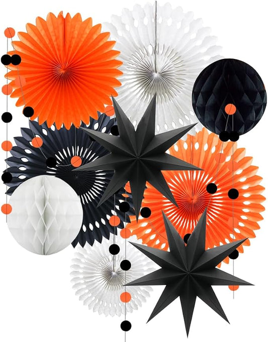 Orange White Black Halloween Decorations, Hanging Tissue Paper Fans Circle Garland Paper Lanterns for Graduation Wedding Anniversary Birthday Backdrop Decor