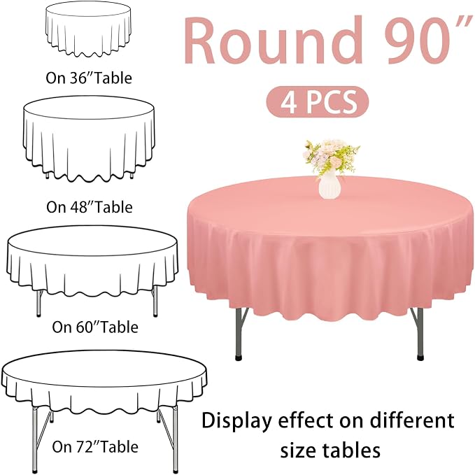 4 Pack 90 Inch Round Tablecloth Polyester Washable Table Covers for Wedding Dining Table Buffet Parties Banquet Decor（Dusty Rose）