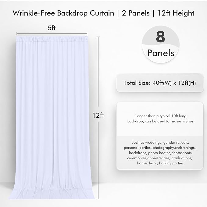40ftx12ft Wrinkle Free White Backdrop Curtain, 8 Panels 12FT Height White Drapes for Wedding, Silky Polyester Photo Back Drop Cloth Draping for Birthday Party Photography Background