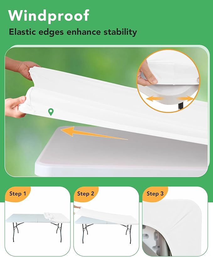 KeyWave Fitted Tablecloth Rectangle Table Cloths - 6 Pack 4 Foot Elastic Stretch Folding Table Top Cover Water-Resistant Reusable for Outdoor Picnic Camping Party Event, White, 48" L x 30" W