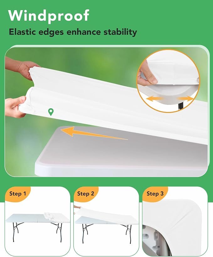 KeyWave Fitted Tablecloth Rectangle Table Cloths - 6 Pack 6 Foot Elastic Stretch Folding Table Top Cover Water-Resistant Reusable for Outdoor Picnic Camping Party Event, White, 72" L x 30" W