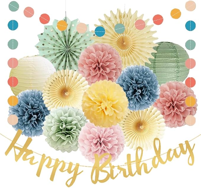 Pastel Birthday Decorations Retro Boho Rainbow Party Decor with Happy Birthday Banner Sage Green Dusty Pink Blue Yellow Cream Paper Pom Poms Paper Lanterns for Women Girls Boys