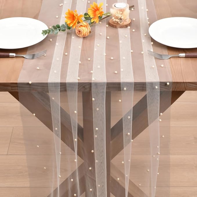Light Peach Pearl Table Runner Boho Rustic Tulle Lace Dining Baby Shower Wedding Arch Decor Veil Dessert Holiday Centerpiece Table Decor 3pcs