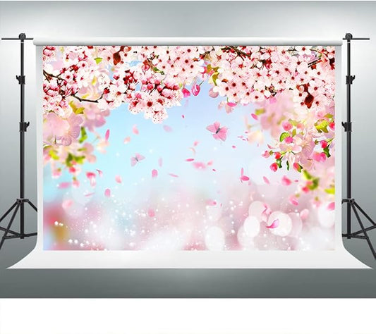 Cherry Blossom Floral Background 7x5ft Spring Pink Flower Background for Wedding Bridal Shower Party Cake Table Decor Floral Petals Butterfly Backdrop Couple Photo Studio Set Props BJLSVV959