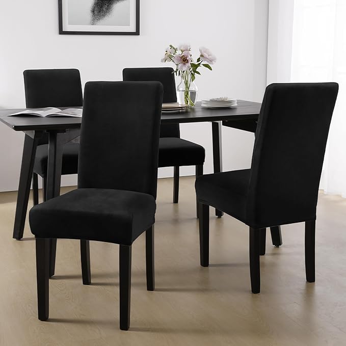 MOSAYT Velvet Stretch Chair Covers for Dining Room Set of 2 - Soft Slipcovers with Thick Removable Fabric for Parsons Chairs, Washable Seat Protectors for Kitchen, Banquet & Home Decor, Black
