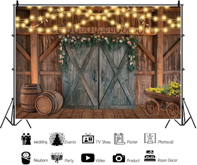 Leowefowa Western Wedding Backdrop 15x10ft Rustic Floral Barn Door Light Strings Barrels Photography Background Bridal Shower Photo Booth Props Cowboy Western Themed Party Decorations Banner Vinyl