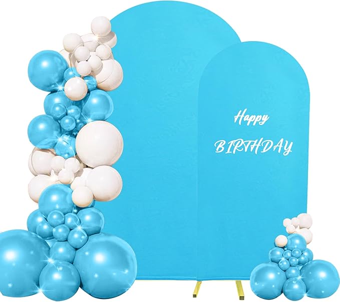Set of 2 Wedding Arch Cover 2-Sided Round Top Spandex Fitted Arch Backdrop Cover for Birthday Party Baby Shower Wedding Arch Stand Decorations（7.2FT, 6.6FT, Blue）