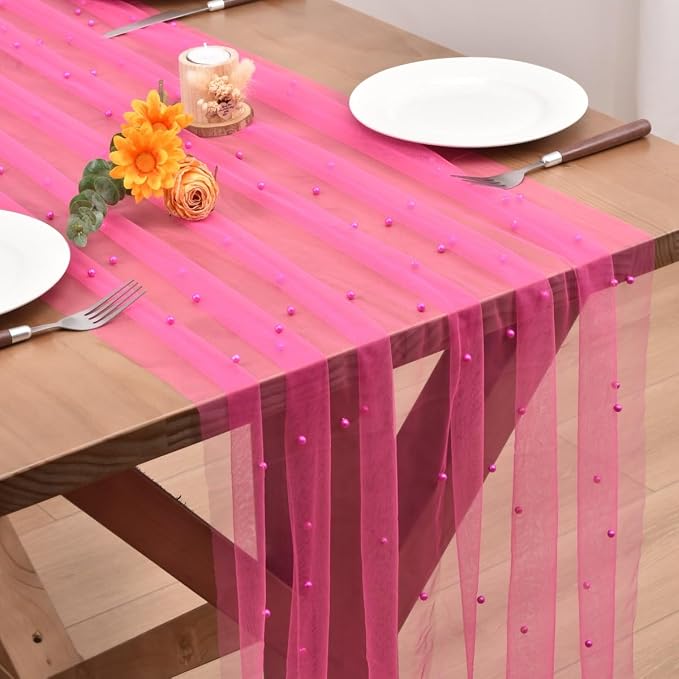 Fuschia Pearl Table Runner Boho Rustic Tulle Lace Dining Baby Shower Wedding Arch Decor Veil Dessert Holiday Centerpiece Table Decor