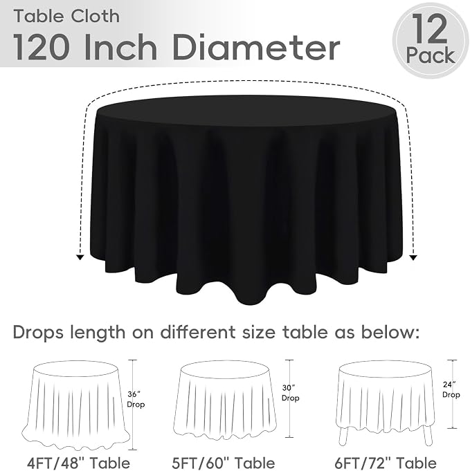 12 Pack Round Tablecloth 120 Inch Cloth Black Tablecloth for Round Tables, Washable Polyester Table Cloth Stain and Wrinkle Resistant Decorative Table Cover for Wedding Party Dining Banquet