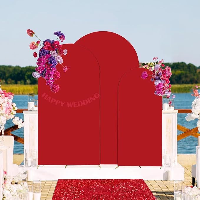 HAINARverS Set of 3 Wedding Arch Cover 6FT,6.6FT,7.2FT Spandex Fitted Stretchy Arch Stand Covers,2 Sided Round Top Chiara Backdrop Cover for Birthday Party Banquet Baby Shower Arch Decoration(Red)