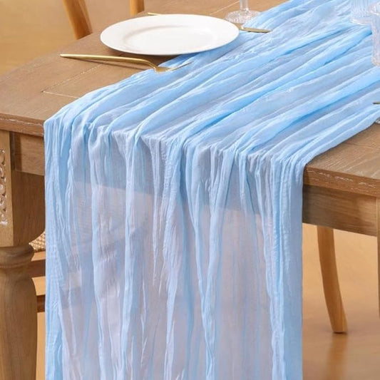 Light Blue Cheesecloth Table Runner 12pcs 10FT Boho Rustic Gauze Cheese Cloth Baby Blue Table Runner 35x120 Inch for Sping Wedding Bridal Baby Shower Birthday Home Decor