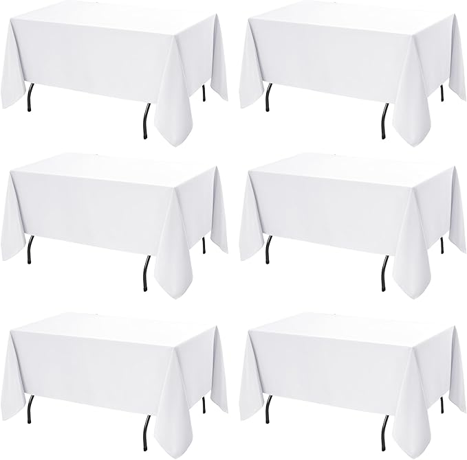 6-Pack White Tablecloths for Rectangle Tables, 60 x 120 Inches, Stain-Resistant Polyester Fabric for 6 Foot Tables - Washable Table Covers for Weddings, Banquets, Birthday, Parties, Events