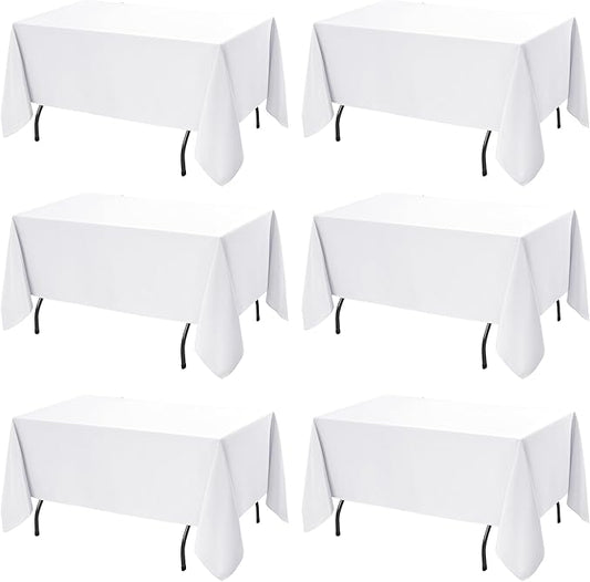 6-Pack White Tablecloths for Rectangle Tables, 60 x 120 Inches, Stain-Resistant Polyester Fabric for 6 Foot Tables - Washable Table Covers for Weddings, Banquets, Birthday, Parties, Events