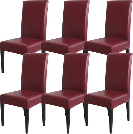 Qubjus Dining Chair Covers, Solid Pu Leather Waterproof Oilproof Stretch Dining Chair Protector Cover Slipcover (Wine Red, 6 Pack)