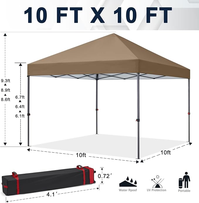 COOSHADE Durable Instant Canopy 10x10Ft (Khaki) - UPF 50+ Sun Protection - Waterproof & Flame Retardant - Perfect for Outdoor Activities