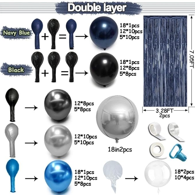 Navy Blue Black Balloon Arch Double Stuffed Dark Black Blue Silver Balloon Garland with Fringe Curtain Foil Balloons for Men Father's Birthday Baby Shower Graduation Anniversary Wedding Party Decor