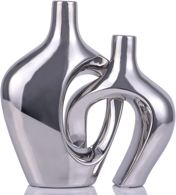 Silver Hollow Ceramic Vases Set of 2 - Modern Nordic Boho ins Style Vases for Decor, Decorative Pampas Grass Flower Vases for Wedding, Living Room, Office, Entrance, Dining Table Decor Centerpieces