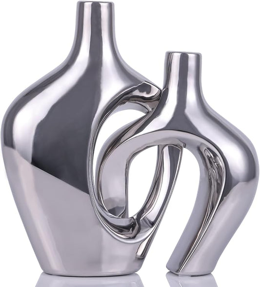 Silver Hollow Ceramic Vases Set of 2 - Modern Nordic Boho ins Style Vases for Decor, Decorative Pampas Grass Flower Vases for Wedding, Living Room, Office, Entrance, Dining Table Decor Centerpieces
