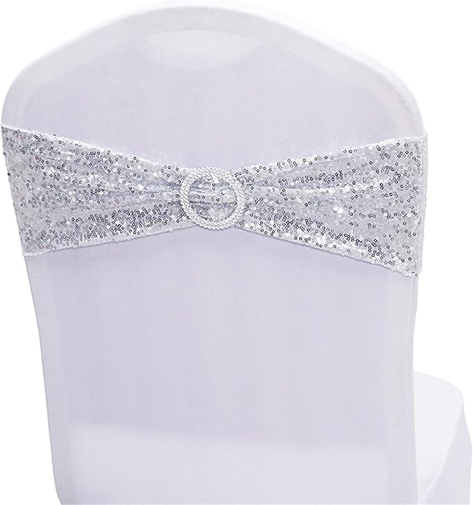 Dimatic 25 PCS Stretch Sequin Chair Sashes Chair Stretchy Spandex Bands for Wedding Reception Events Banquets Chairs Decoration (Silver)