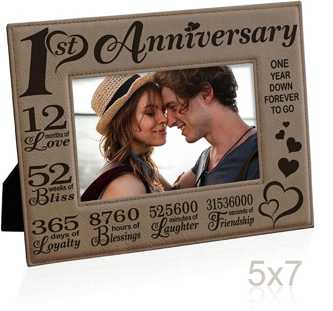 KATE POSH - Our First Anniversary Engraved Leather Picture Frame - Couple Gifts, Him & Her, Paper & First Wedding Anniversary Photo Gifts (5x7-Horizontal)