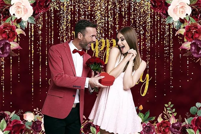 10x6.5ft Happy Anniversary Backdrop, Gold Glitter Burgundy Wedding Anniversary Background 1st 40th 50th 68th Couple Wedding Women Birthday Floral Party Decorations Cake Table Decor