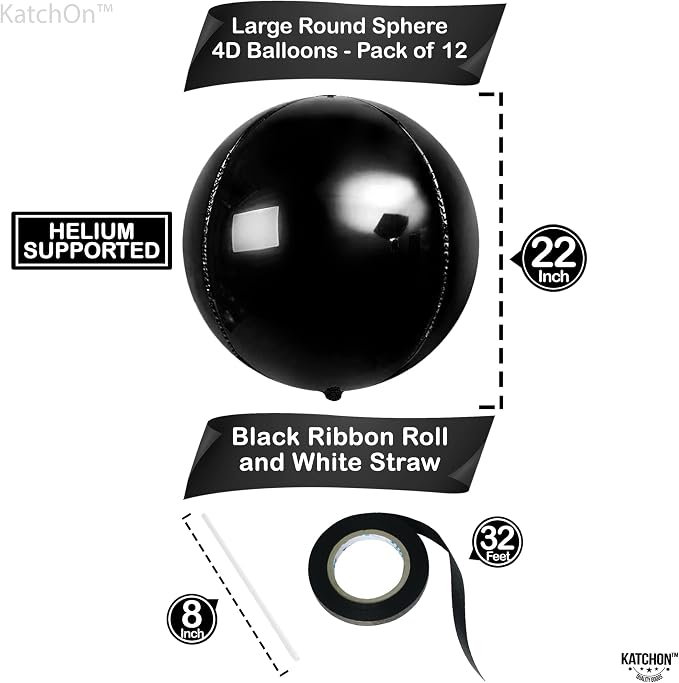 KatchOn, Huge Black Balloons - 22 Inch, Pack of 12 | Round 4D Black Foil Balloons for Black Birthday Decorations, Prom Decorations 2026 | Graduation Decorations 2026, Bachelorette, Baby Shower