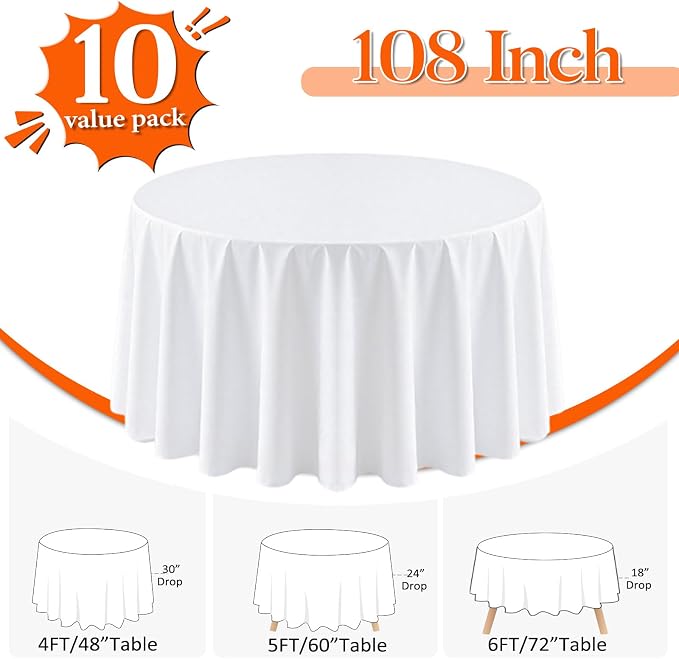 10 Pack White Round Tablecloth 108 Inch Round Table Cloth Wrinkle Resistant White Table Cloth Washable and Reusable Polyester Fabric Table Covers for Banquet Wedding Party Dining Buffet