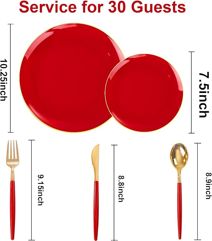 DaYammi 150Pcs Red Plastic Plates & Gold Cutlery with Red Handle,Red Disposable Plates Set Include 30 Dinner Plate, 30 Dessert Plate,30 Knives,30 Forks,30 Spoons for Mother's Day Party Wedding