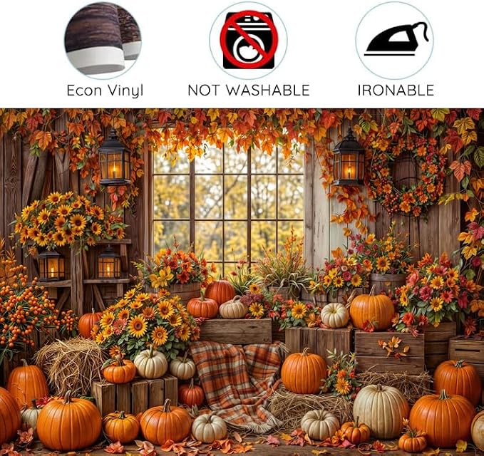15 x 10 ft Fall Backdrop Autumn Rustic Wooden Floor Barn Window Pumpkin Maple Leaves Sunflower Background Thanksgiving Farm Harvest Photoshoot Portrait Photo Backdrops Decorations