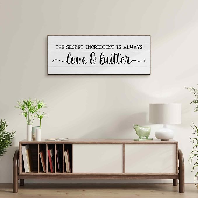 TLESKE the Secret Ingredient Is Always Love and Butter Sign Large Wall Art Decor Framed for Kitchen Dining Room 15x40, Funny Canvas Wall Art Print for Kitchen, Rustic Farmhouse Signs Wall Picture