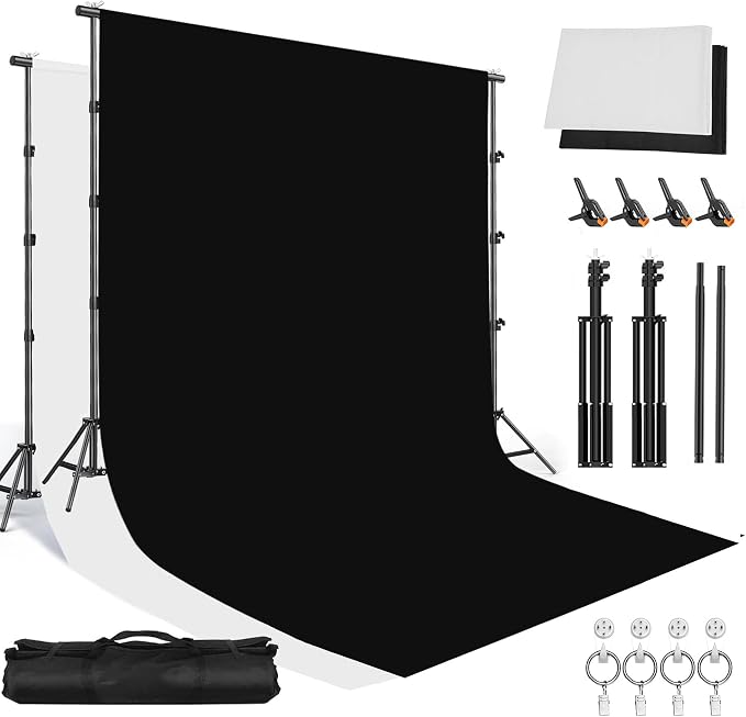 8.5x10ft Background Stand with 6.5x10ft White and Black Chromakey Backdrop Screen, Adjustable Background Holder Support System Kit, Clamp for Photography Video Studio Portrait Product Shooting
