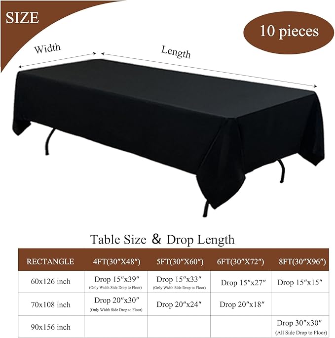 10Pack Black Table Cloths for 8 Foot Rectangle Tables 60 x 126 Inch, 8FT Black Tablecloth Rectangle Bulk Linen Polyester Fabric Washable Cloth Cover for Wedding Reception Banquet Birthday Party
