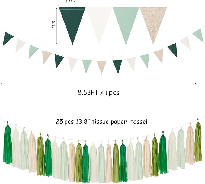 Sage-Olive Green Champagne-Gold Party Decorations - 30pcs Rustic Boho Wedding Paper Tissue Pom Poms Streamers,Tassel Garland Banner,Birthday Baby Bridal Shower Engagement Decor Lasting Surprise