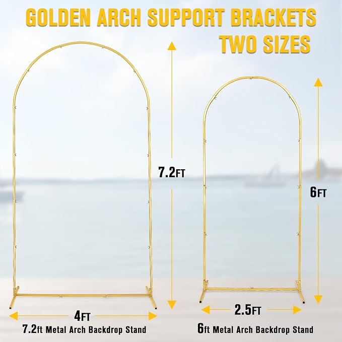 Metal Arch Backdrop Stand Set of 2 (7.2FT and 6FT), Gold Wedding Stand for Wedding, Baby Shower, Birthday Party, Graduation, Indoor, Outdoor, Balloons Flowers, Stable Base, Easy to Assemble