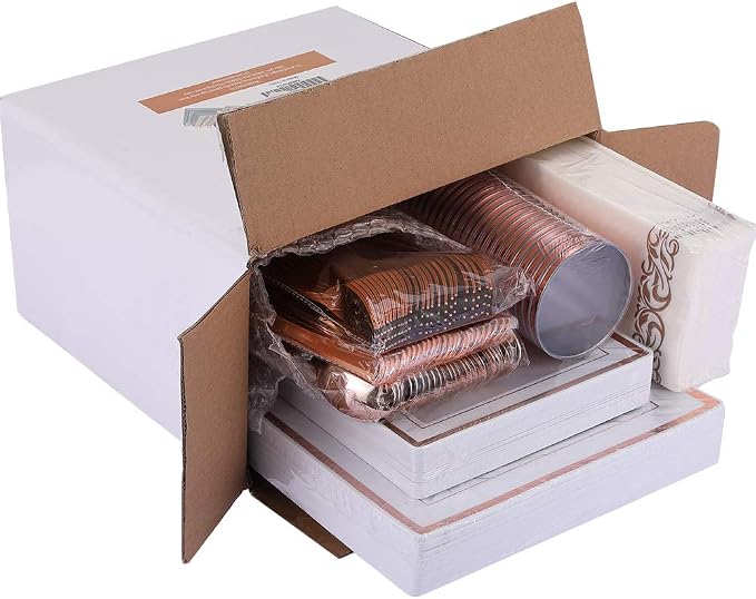 FOCUSLINE 175 Count Rose Gold Dinnerware Set for 25 Guests - Square Plastic Plates with Rose Gold Rim, Includes 25 Disposable Dinner & Dessert Plates, Napkins, Cups, Cutlery Set for Wedding Parties