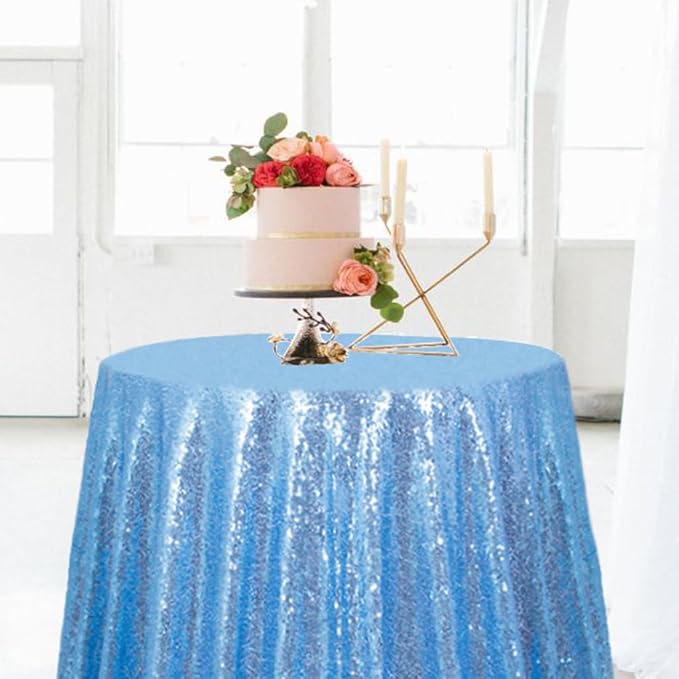ShiDianYi Round Tablecloth Baby Blue 72 Inch Sequin Tablecloth Glitter Dessert Cake Tablecloth Sequin Table Cover Cloth for Baby Shower Linen Polyester Sequin Overlay for Banquet Birthday Home Parties